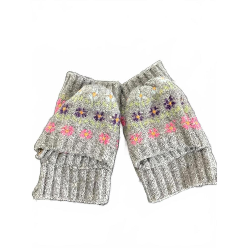 Free People Gray Knit Fingerless  Wool Gloves with Colorful Floral Pattern